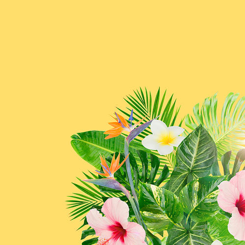 Tropical green leaves and flowers on yellow background with copy space