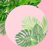 Tropical green leaves abstract frame over pink background with copy space