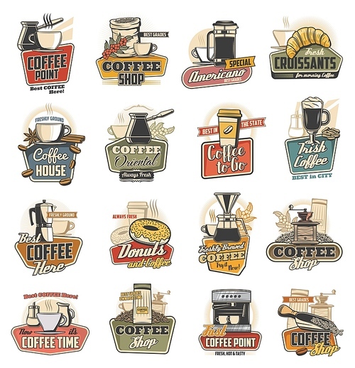 Coffee shop and cafe retro icons with vector cups, espresso machine and desserts. Cappuccino and latte mugs, coffee pot and grinder with beans, croissant, donuts and takeaway paper cup of hot beverage