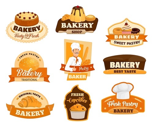 Bakery shop vector icons, pastry desserts and patisserie cakes store signs. Baker with baked bread bagel, croissant and baguette bread, sweet puddings and chocolate cupcakes, donut and muffin