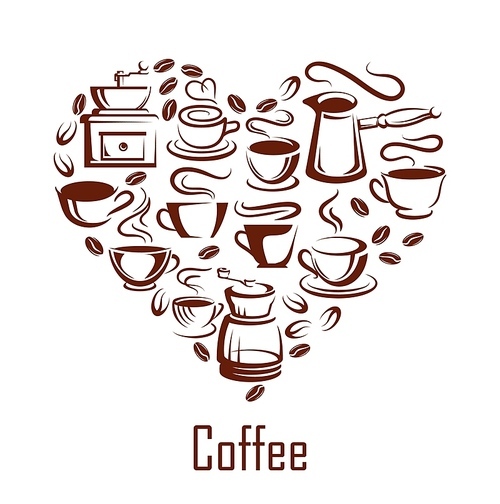 Steaming coffee cups, pots and beans in heart poster or banner, vector. Cafe, coffeshop or coffeehouse hot drinks in heart with hot americano cup with steam, cappuccino and americano drinks