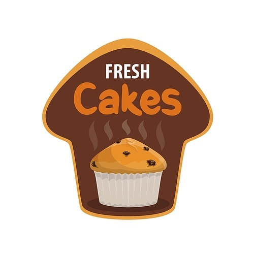 Fresh cake vector icon of bakery and pastry shop sweet food. Cupcake or muffin, vanilla cake or sugar pie with chocolate drops, paper cup and steam swirls, isolated badge