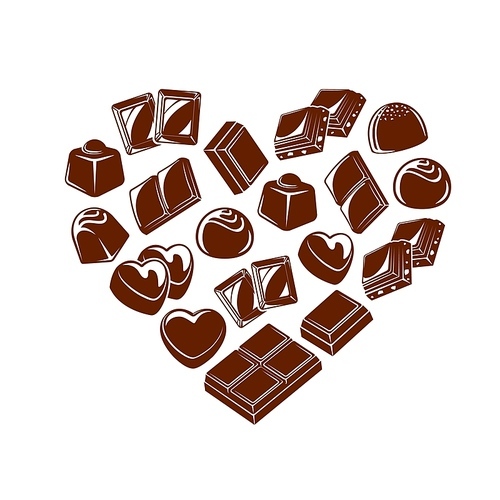 Chocolate bar pieces and candies heart. Chocolate truffle and bonbon with praline and toppings, vector bars with nut filling. Valentine holiday, wedding anniversary or birthday celebration background