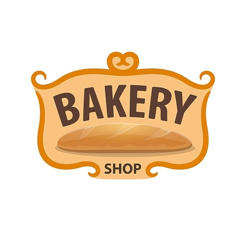 Bakery shop icon, wheat bread baked production vector emblem isolated on white . Fresh cereal pastry and bake products, long loaf, grocery food retail label for shop, advertising promotion