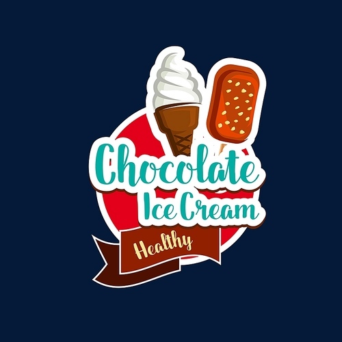 ice cream chocolate icon, sweet food and desserts, vector. chocolate ice cream scoop in wafer or sundae sorbet, icecream cafe and gelateria fast food menu or store and shop promo