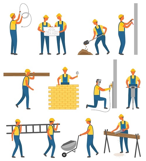 Worker holding light bulb, putty knife, hammer and drill, saw and shovel. Construction equipment trolley, stairs and log, project and wall of building. Set of builders do work on build. Vector flat