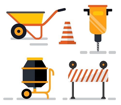 Road signs and cone, isolated construction equipment and tools. Carriage and auger drill, cement mixer and plastic board with stripes and lights. Vector illustration in flat cartoon style