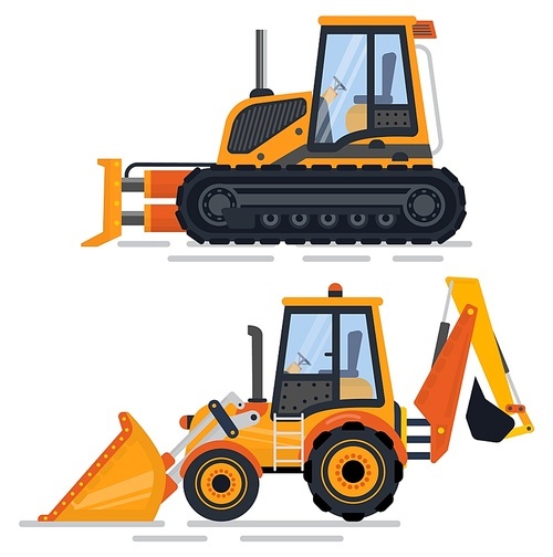 Industrial machinery, isolated bulldozer with empty cabin. Working area construction, tractor machine for easy building and repairing. Vector illustration in flat cartoon style