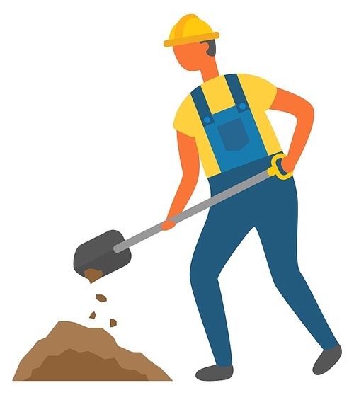 Man working on soil, isolated character wearing uniform and protective helmet. Mud and dirt worker with spade tool, instrument for digging. Vector illustration in flat cartoon style