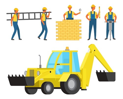 People on construction, isolated team of workers and machinery. Excavator and person building wall with bricks, workman with ladder drill ladder. Vector illustration in flat cartoon style