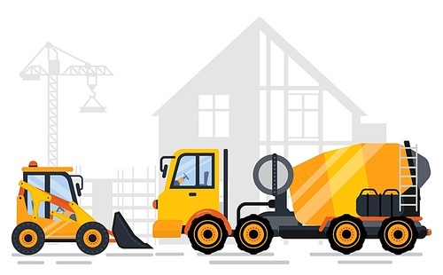 Tractor and concrete mixing machine side view, shadow of concreting project and crane. Construction equipments, engineering outdoor, automobile. Vector illustration in flat cartoon style