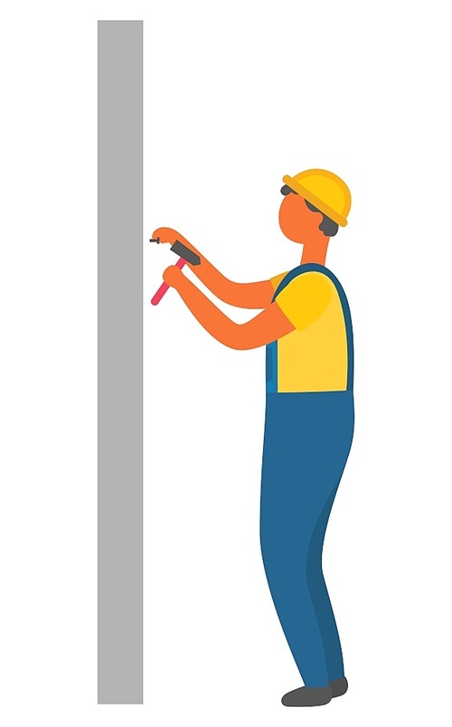 Construction process, isolated character holding hammer and nails. Builder wearing protective uniform and helmet on head, wall and supply tools. Vector illustration in flat cartoon style