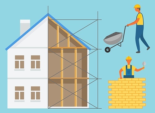 House construction zone, builder going with truck, worker holding putty knife and laying bricks. Building wall and renovation build, engineering vector