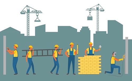 People working on construction of new infrastructure vector, man with ladder. Person building wall with bricks, workman wearing uniform. Crane lifter