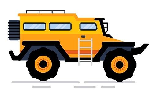 Off-road car in yellow color, side view of suv with stairs and trick, construction equipment. Automobile with big wheels, rally auto, transportation. Vector illustration in flat cartoon style