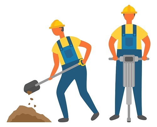 Workers digging and drilling ground, construction works. Men in hardhats and overalls, building process, spade or shovel, electric instrument. Vector illustration in flat cartoon style