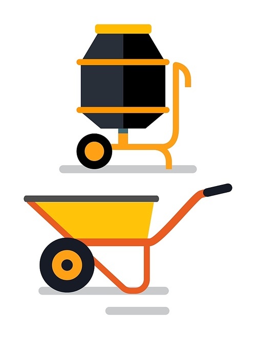 Construction items, isolated cement mixer and loader. Carriage for transportation of materials, instruments and tools for building container. Vector illustration in flat cartoon style