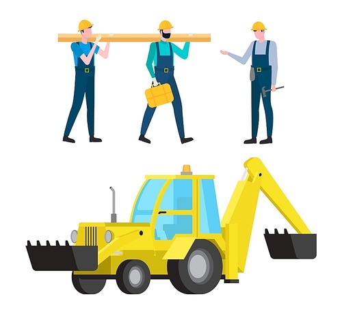 Constructors vector, people working building constructions boss and workers, manager giving tasks and supervising process, excavator machine isolated