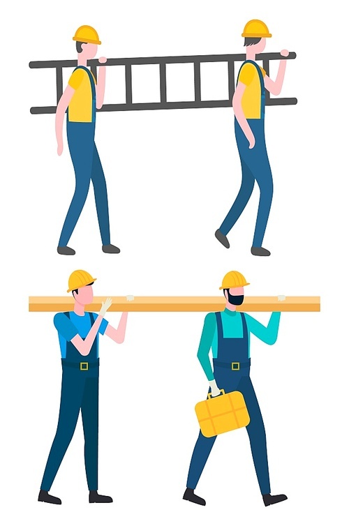 Team of workers vector, isolated people working carrying heavy objects. Male with ladder and wooden bulk, characters wearing protective helmets clothes