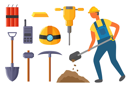 Collection of instruments and objects used by miner working in mining industry. Dynamite and shovel, hammer and pickaxe. Helmet with flashlight and drill or borehole. Isolated tools set vector in flat