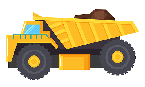 Big lorry for coal mining industry. Yellow industrial backhoe used to transport large amount of earth. Motor vehicle for cargo transportation. Vector illustration of raw transportation in flat style