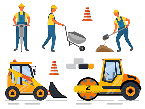 Construction equipment and people working vector. Man with shovel digging hole, carriage loader and drill instrument. Bulldozer machinery flat style