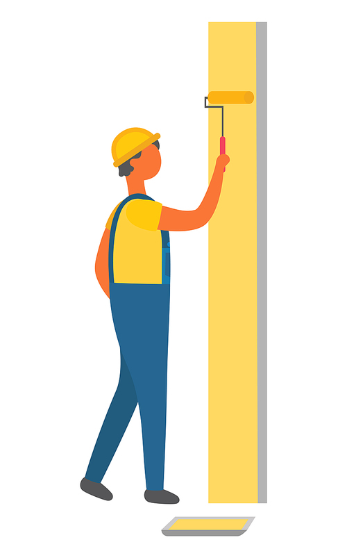 Man using paint roller to change color of wall vector, paint in container flat style character. Male wearing uniform and helmet, workman with tool