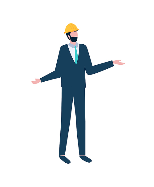 Man standing with raising hands, worker wearing in suit and helmet, employee standing, element of project management, full length view of manager vector