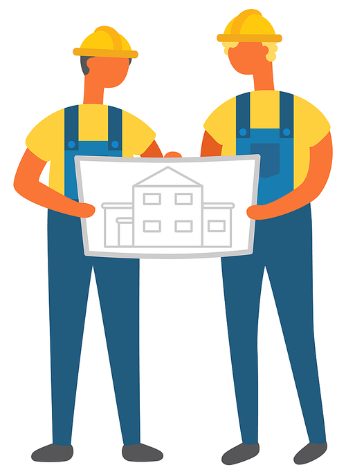 People holding engineering plan and charts vector, isolated characters wearing uniforms. Man with piece of paper and information about construction