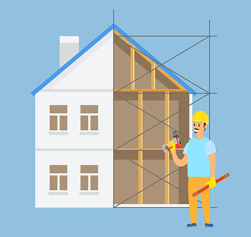 Person holding drill in hands vector, male wearing uniform person standing by unfinished construction isolated charcater with helmet and wooden plank