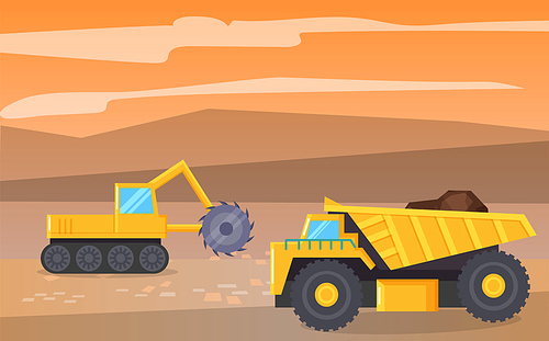 Machines set working on extraction and transportation of coal. Mining industry machinery on field with minerals and natural resources. Landscape and tractor loaded with soil. Vector in flat style