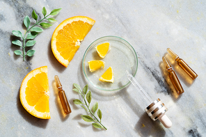 Citrus fruit vitamin c serum oil beauty care, anti aging natural cosmetic, laboratory creating anf testing concept