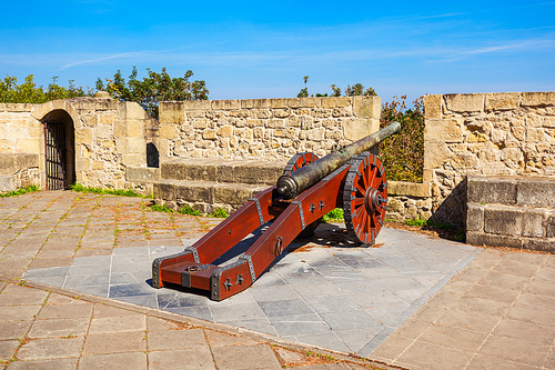 Cannon and Mota Castle walls on Monte Urgull mountain in San Sebastian or Donostia city in Spain
