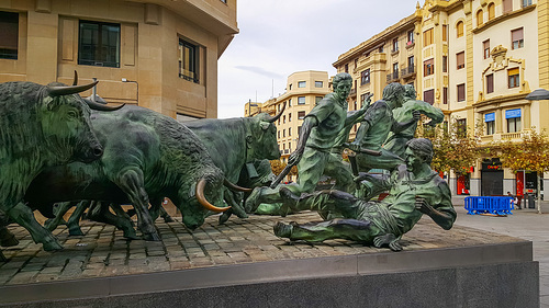 PAMPLONA, SPAIN - SEPTEMBER 30, 2017: Running bulls monument in Pamplona city, Navarre region of Spain