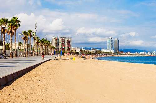 Playa de la Barceloneta city beach in the centre of Barcelona city, Catalonia region of Spain