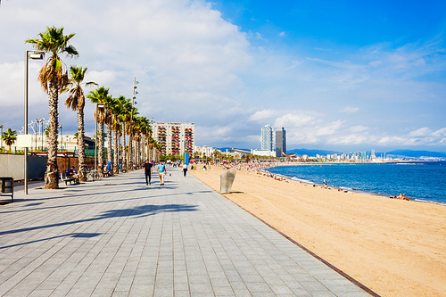 Playa de la Barceloneta city beach in the centre of Barcelona city, Catalonia region of Spain