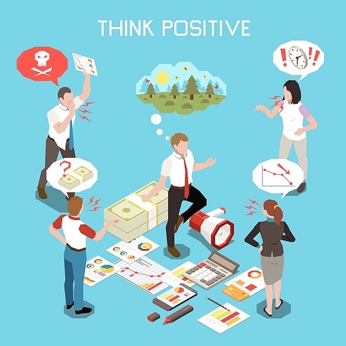 Stress management concept with positive mind symbols isometric vector illustration