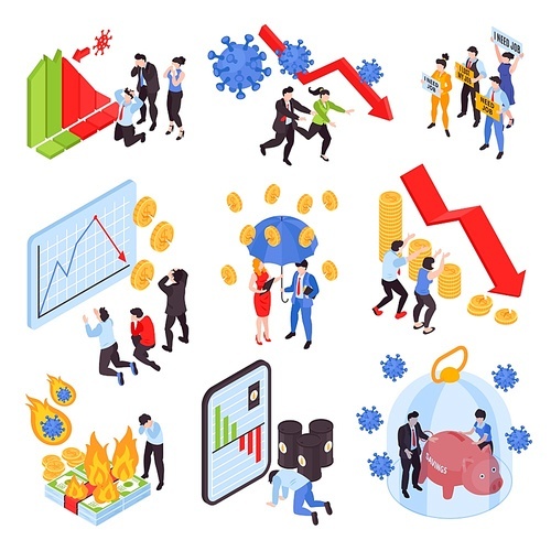 Global financial crisis isometric icons set with stock market graphs and frustrated people isolated on white  3d vector illustration