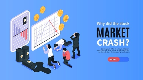 Financial crisis and stock market crash isometric banner with depressed people looking at oil prices downturn graph 3d vector illustration