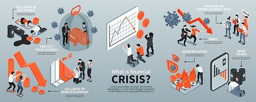 Isometric infographics with financial crisis icons and depressed people 3d vector illustration