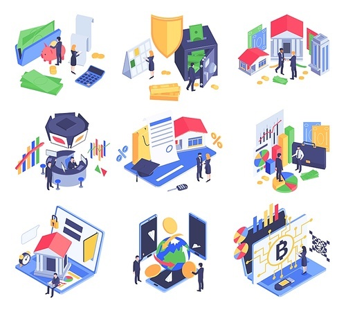 Finance isometric icons set with stock exchange bank building secure money transfer electronic wallet isolated vector illustration
