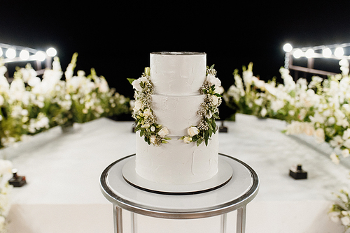 wedding white cake on a high stand near the white podium with green decor