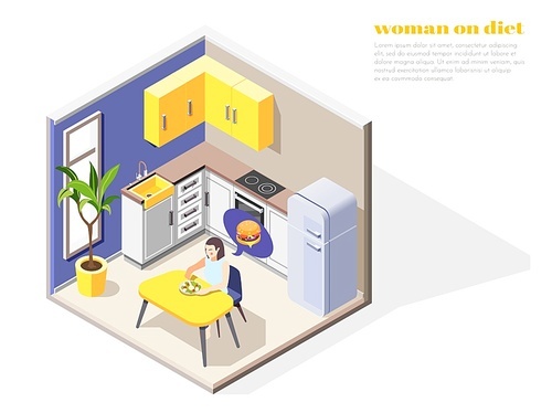 Woman on diet isometric composition with editable text and kitchen scenery with woman dreaming of burger vector illustration