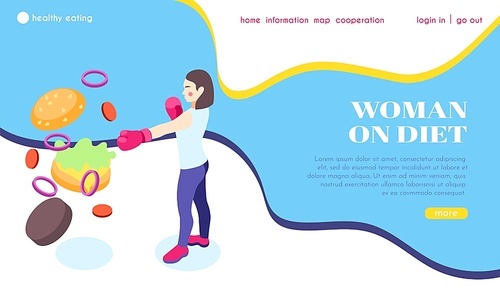 Woman on diet isometric web site landing page with composition of images clickable links and text vector illustration