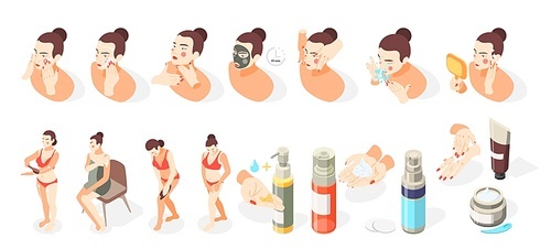 Face and skin care isometric icons set with isolated images of cosmetic treatment and female characters vector illustration