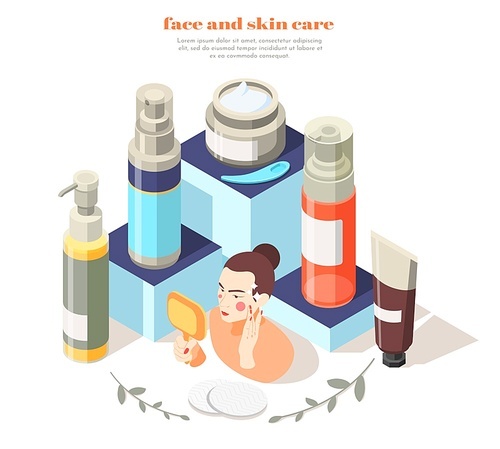 Face and skin care isometric composition of editable text woman and cosmetic treatment products on pedestals vector illustration