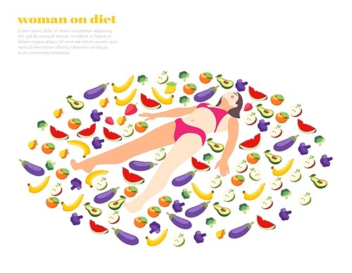 Woman on diet isometric background with female character laying in circle of fruits with editable text vector illustration