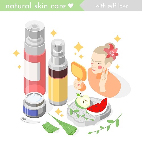 Face skin care isometric composition with woman applying rejuvenating cream moisturizing lotion natural vitamins masks vector illustration