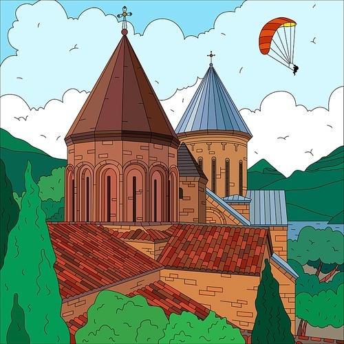 Flat landscape with church trees hills and flying parachute in background vector illustration