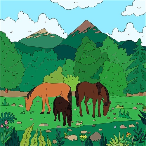 rural landscape with three grazing horses and mountains in  flat vector illustration